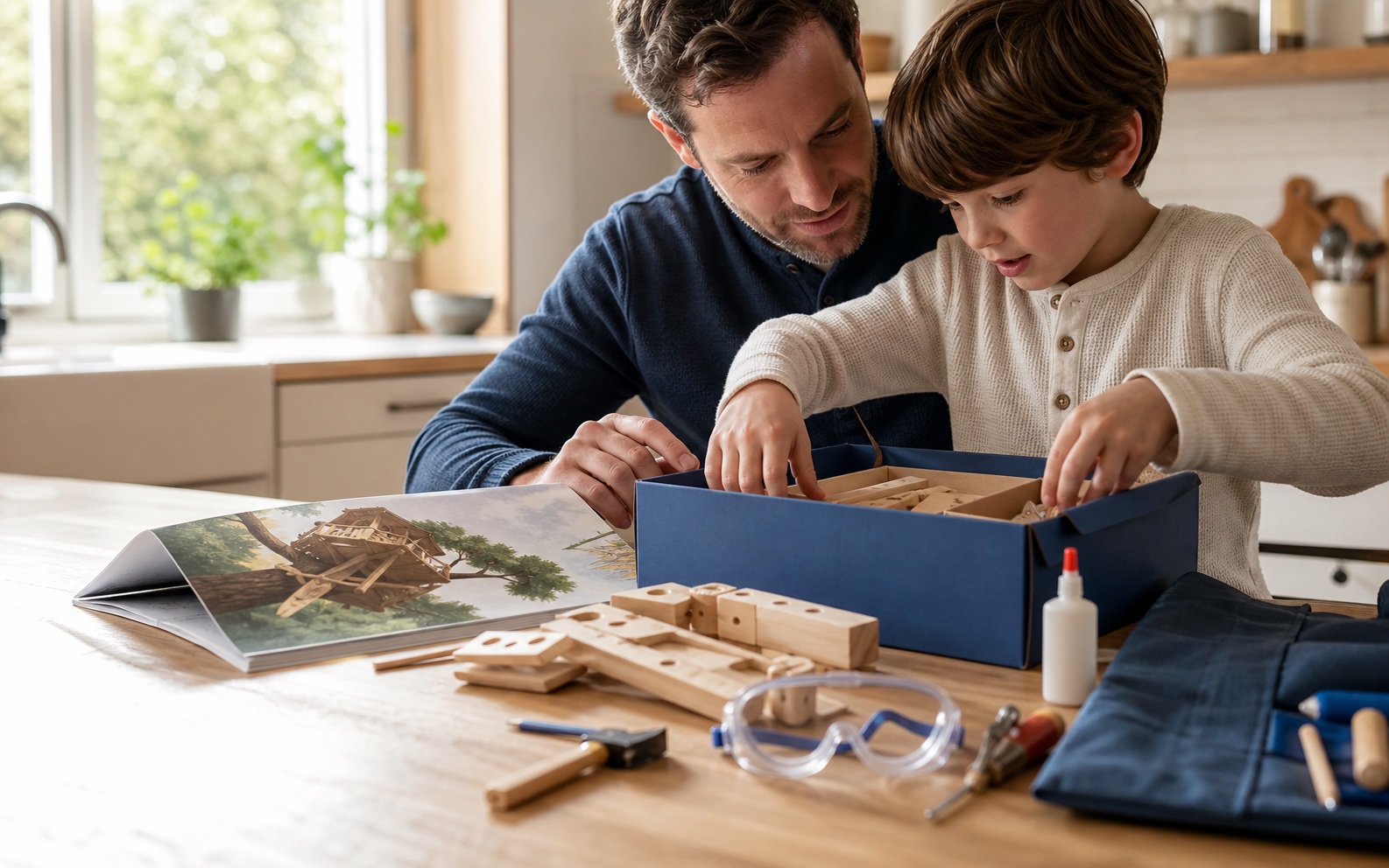 Parent and child opening a storybook woodworking kit